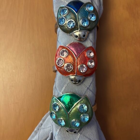 Set of 8 enameled crystal inset silver ladybug napkin holders. - Picture 2 of 5